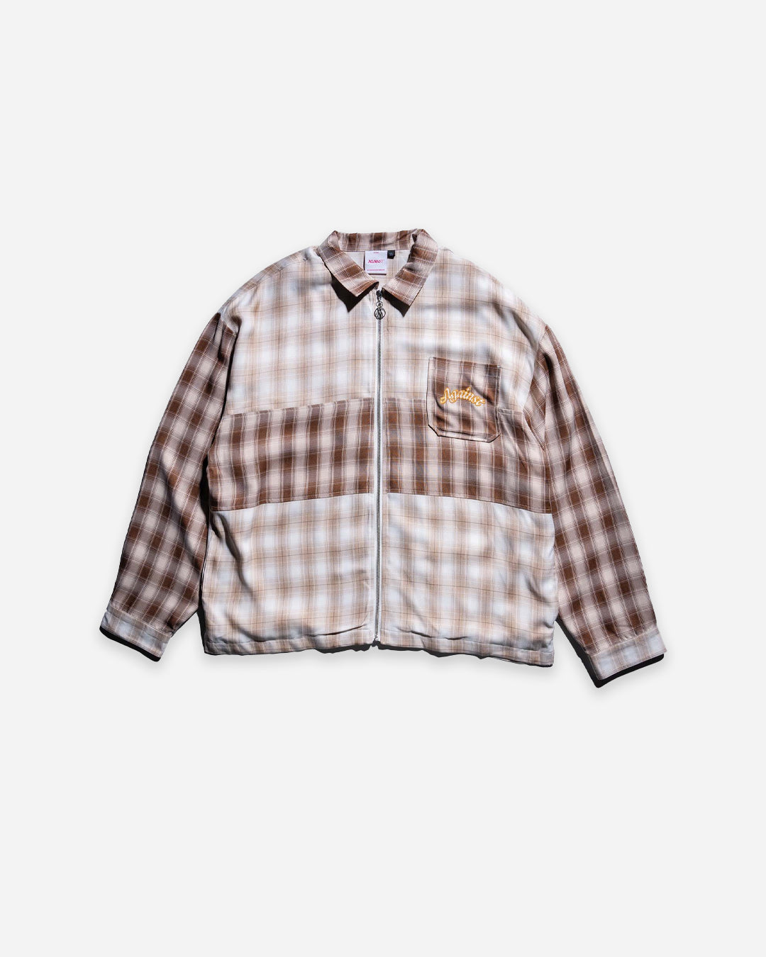 MIXED FLANNEL ZIP UP SHIRT BROWN